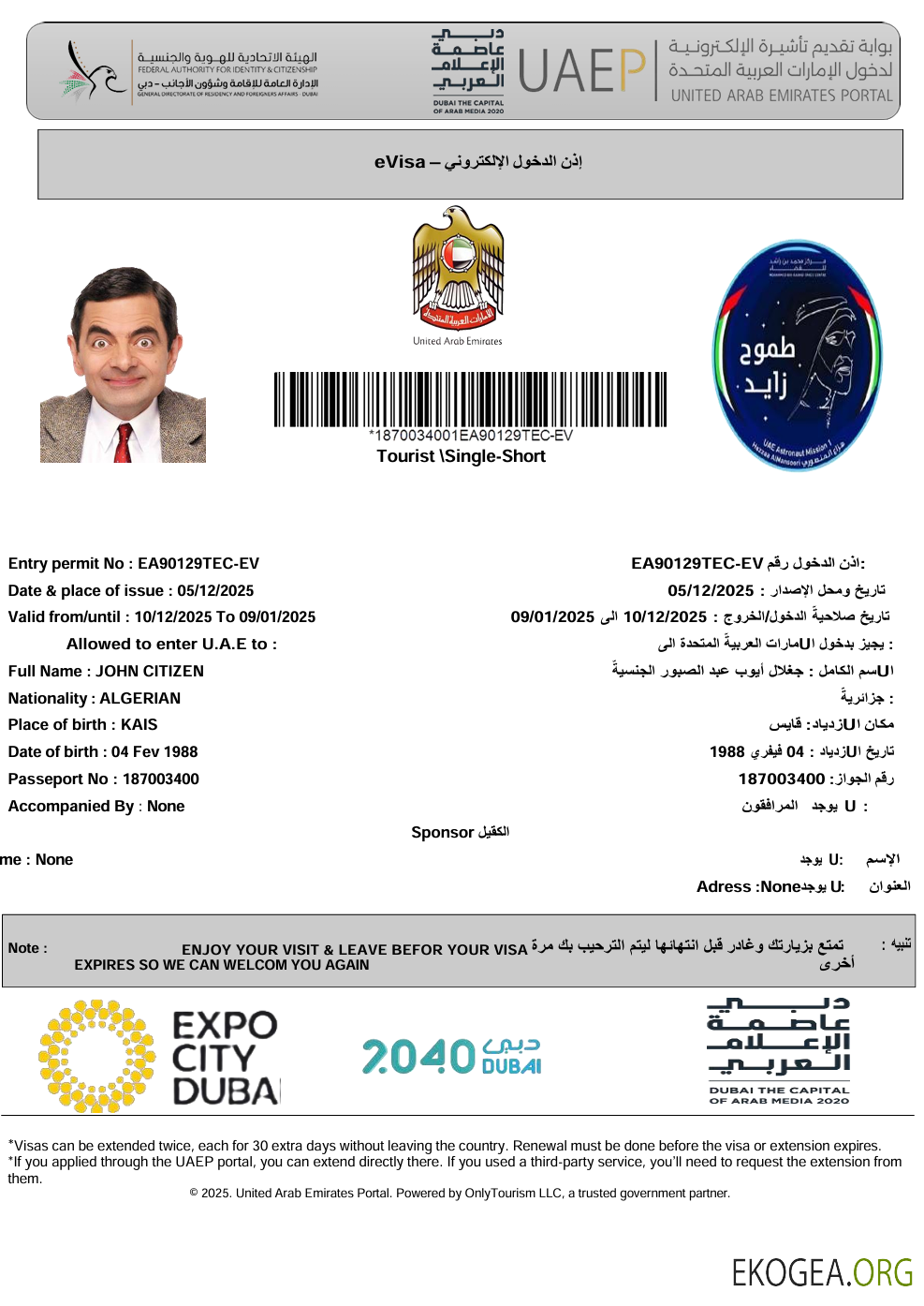 Modèle de visa électronique des Émirats arabes unis aux formats Word et PDF, version 2